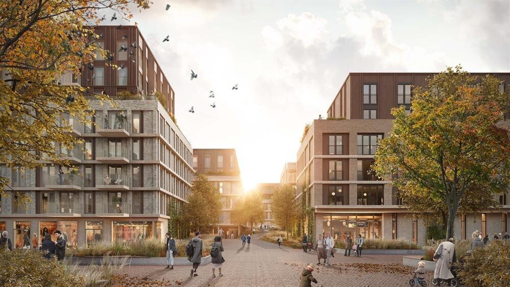 Sfeerimpressie woningen en supermarkt BuitenStad